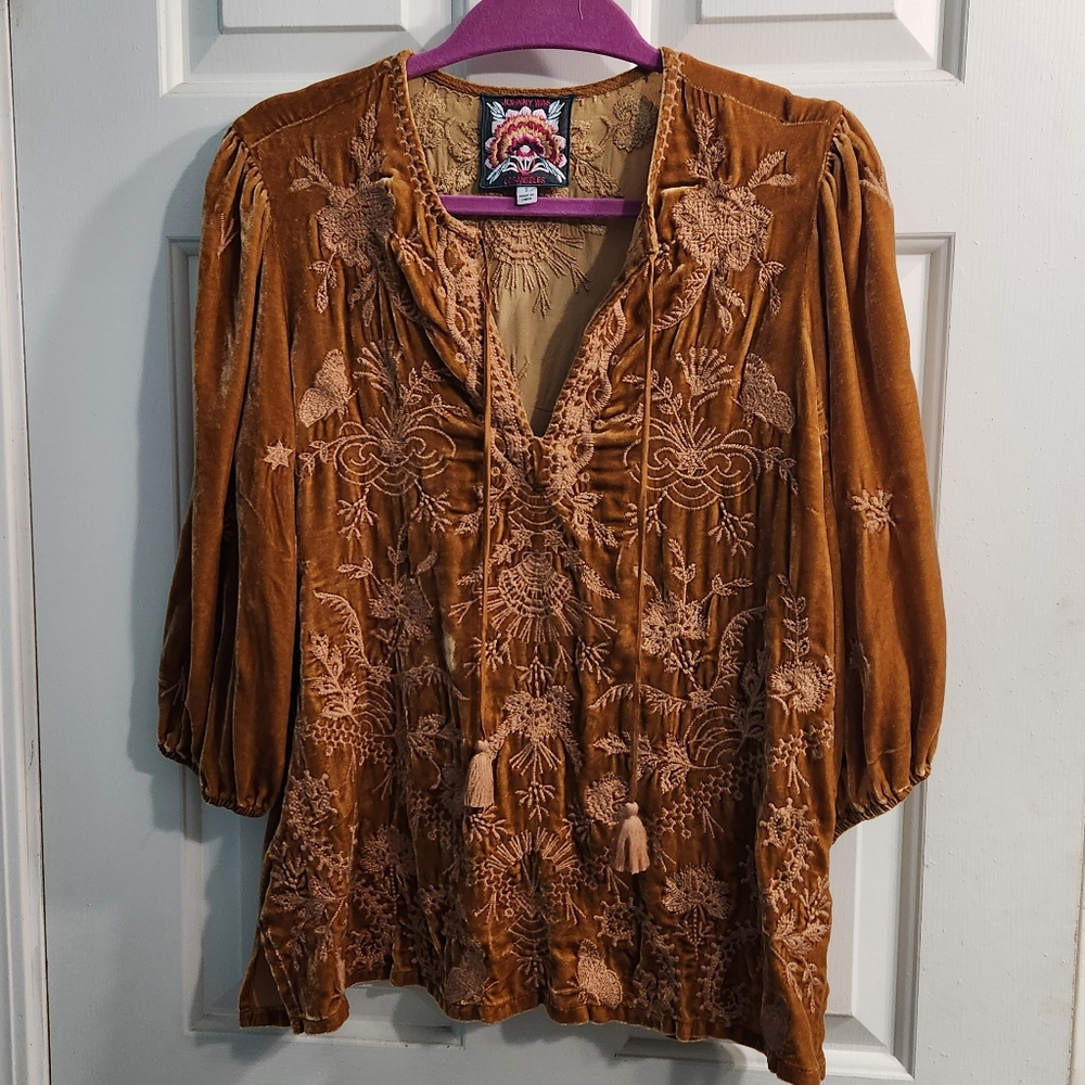Johnny Was Embroidered Velvet  Boho Top